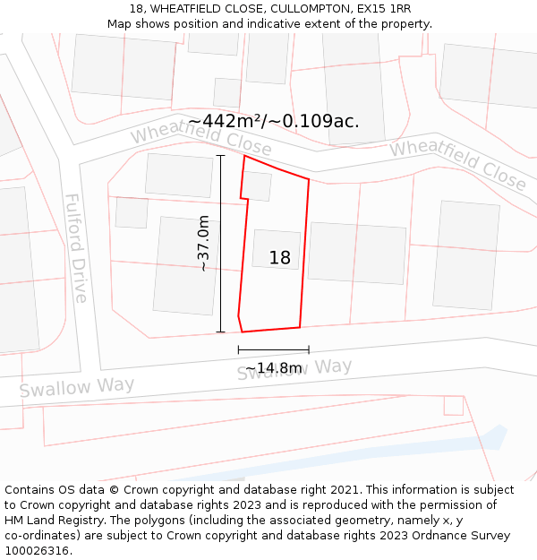 18, WHEATFIELD CLOSE, CULLOMPTON, EX15 1RR: Plot and title map