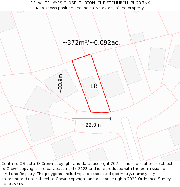 18, WHITEHAYES CLOSE, BURTON, CHRISTCHURCH, BH23 7NX: Plot and title map