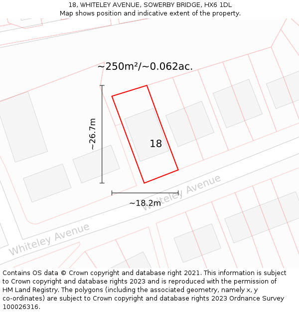 18, WHITELEY AVENUE, SOWERBY BRIDGE, HX6 1DL: Plot and title map