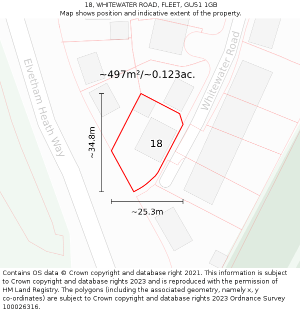 18, WHITEWATER ROAD, FLEET, GU51 1GB: Plot and title map