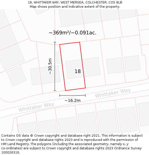 18, WHITTAKER WAY, WEST MERSEA, COLCHESTER, CO5 8LB: Plot and title map