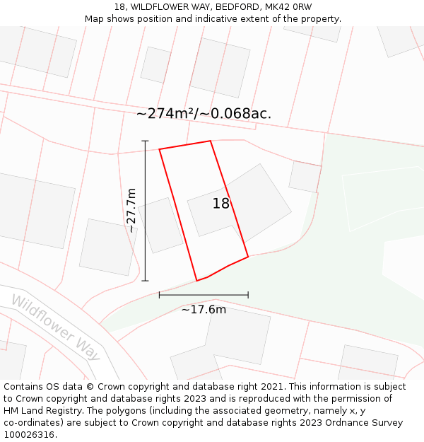 18, WILDFLOWER WAY, BEDFORD, MK42 0RW: Plot and title map