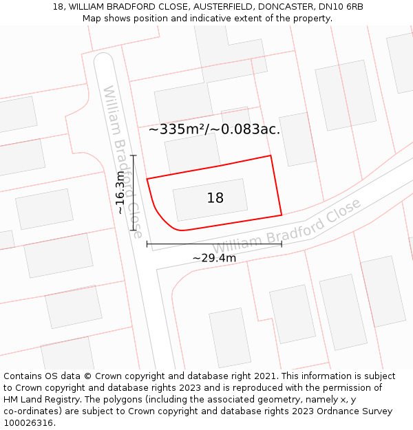 18, WILLIAM BRADFORD CLOSE, AUSTERFIELD, DONCASTER, DN10 6RB: Plot and title map