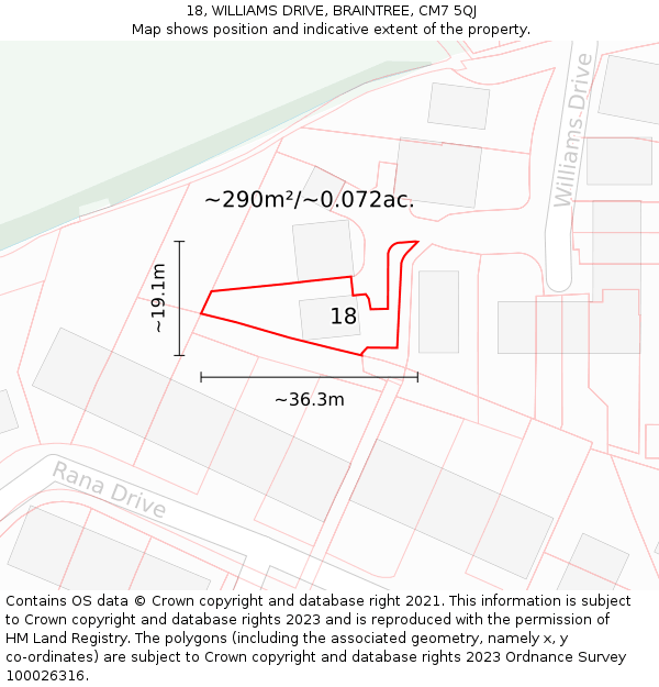 18, WILLIAMS DRIVE, BRAINTREE, CM7 5QJ: Plot and title map