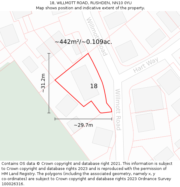 18, WILLMOTT ROAD, RUSHDEN, NN10 0YU: Plot and title map