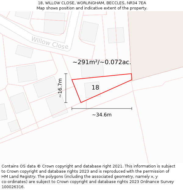 18, WILLOW CLOSE, WORLINGHAM, BECCLES, NR34 7EA: Plot and title map