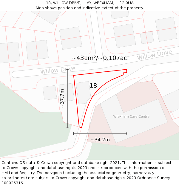 18, WILLOW DRIVE, LLAY, WREXHAM, LL12 0UA: Plot and title map