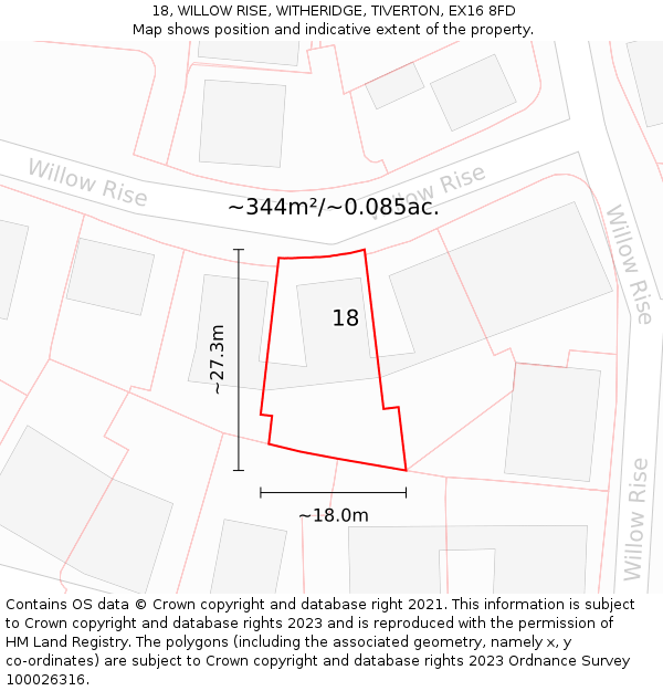 18, WILLOW RISE, WITHERIDGE, TIVERTON, EX16 8FD: Plot and title map