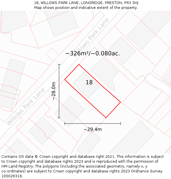 18, WILLOWS PARK LANE, LONGRIDGE, PRESTON, PR3 3HJ: Plot and title map