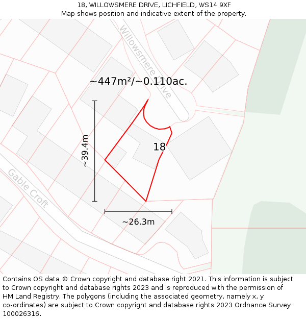 18, WILLOWSMERE DRIVE, LICHFIELD, WS14 9XF: Plot and title map
