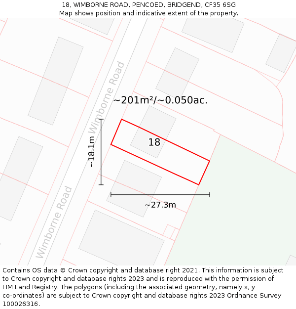 18, WIMBORNE ROAD, PENCOED, BRIDGEND, CF35 6SG: Plot and title map
