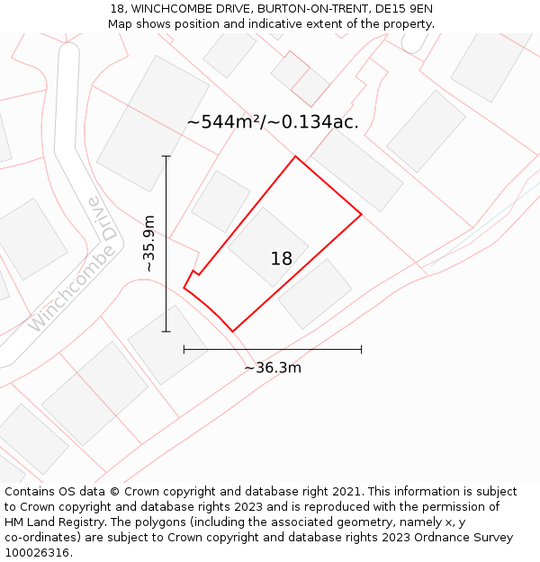 18, WINCHCOMBE DRIVE, BURTON-ON-TRENT, DE15 9EN: Plot and title map