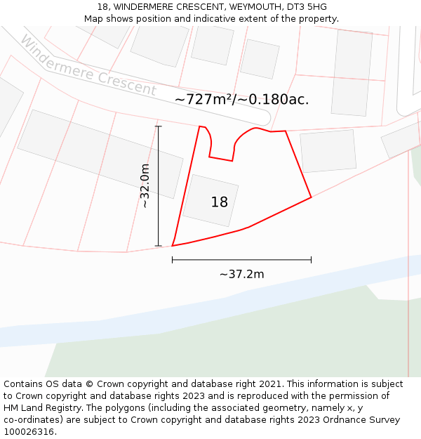 18, WINDERMERE CRESCENT, WEYMOUTH, DT3 5HG: Plot and title map