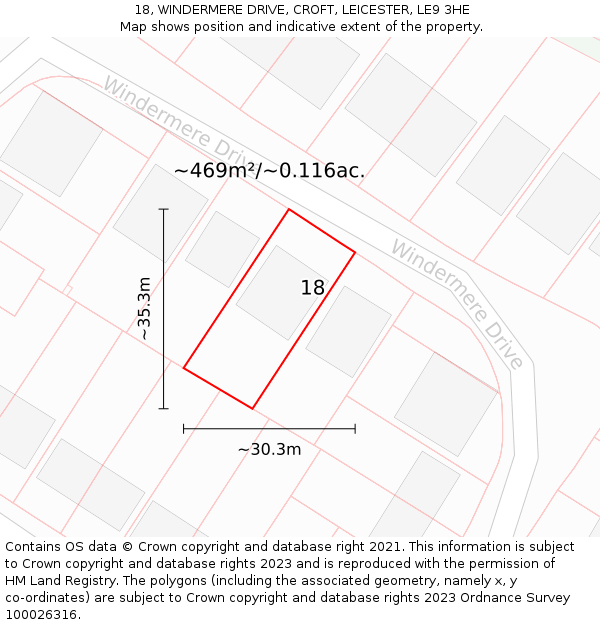 18, WINDERMERE DRIVE, CROFT, LEICESTER, LE9 3HE: Plot and title map