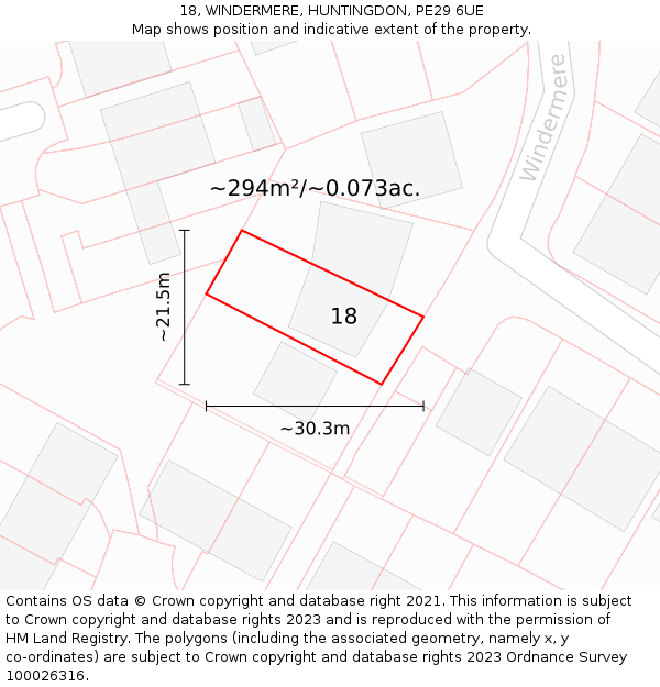 18, WINDERMERE, HUNTINGDON, PE29 6UE: Plot and title map
