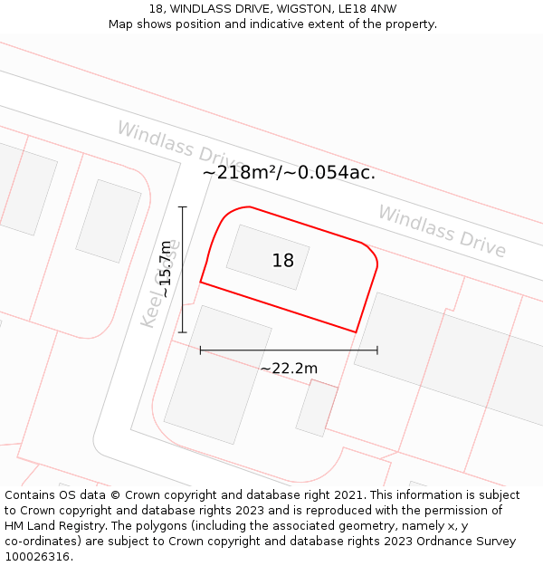 18, WINDLASS DRIVE, WIGSTON, LE18 4NW: Plot and title map