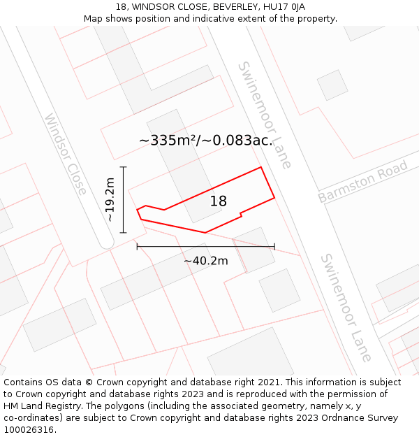 18, WINDSOR CLOSE, BEVERLEY, HU17 0JA: Plot and title map