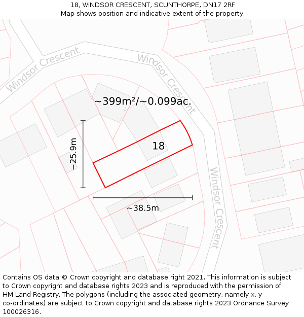 18, WINDSOR CRESCENT, SCUNTHORPE, DN17 2RF: Plot and title map