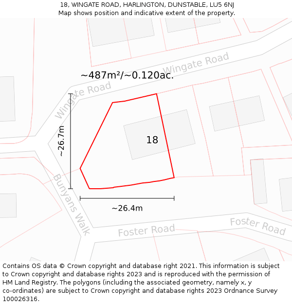18, WINGATE ROAD, HARLINGTON, DUNSTABLE, LU5 6NJ: Plot and title map