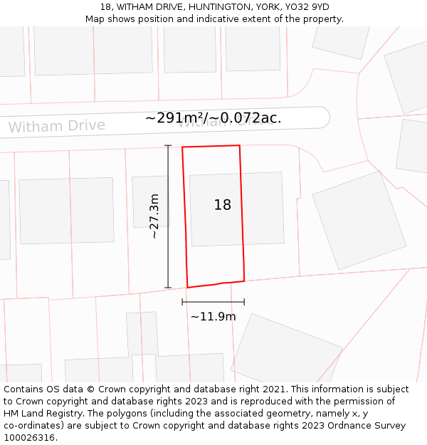 18, WITHAM DRIVE, HUNTINGTON, YORK, YO32 9YD: Plot and title map