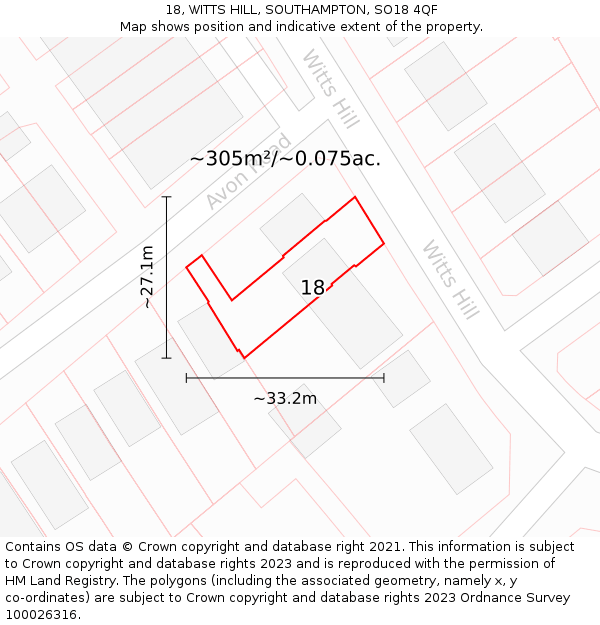18, WITTS HILL, SOUTHAMPTON, SO18 4QF: Plot and title map