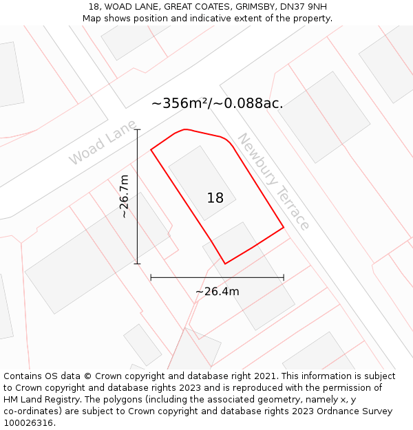 18, WOAD LANE, GREAT COATES, GRIMSBY, DN37 9NH: Plot and title map
