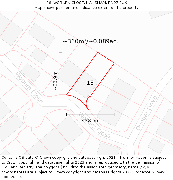 18, WOBURN CLOSE, HAILSHAM, BN27 3UX: Plot and title map