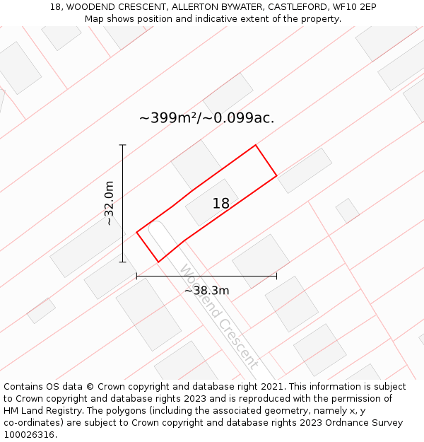 18, WOODEND CRESCENT, ALLERTON BYWATER, CASTLEFORD, WF10 2EP: Plot and title map