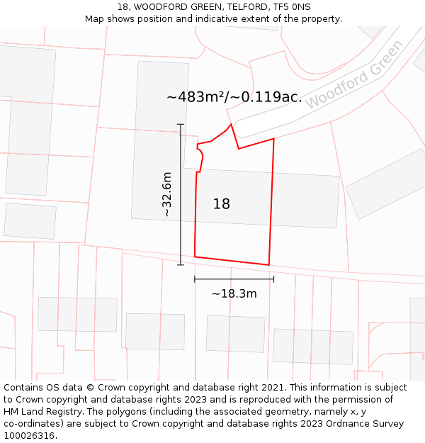 18, WOODFORD GREEN, TELFORD, TF5 0NS: Plot and title map