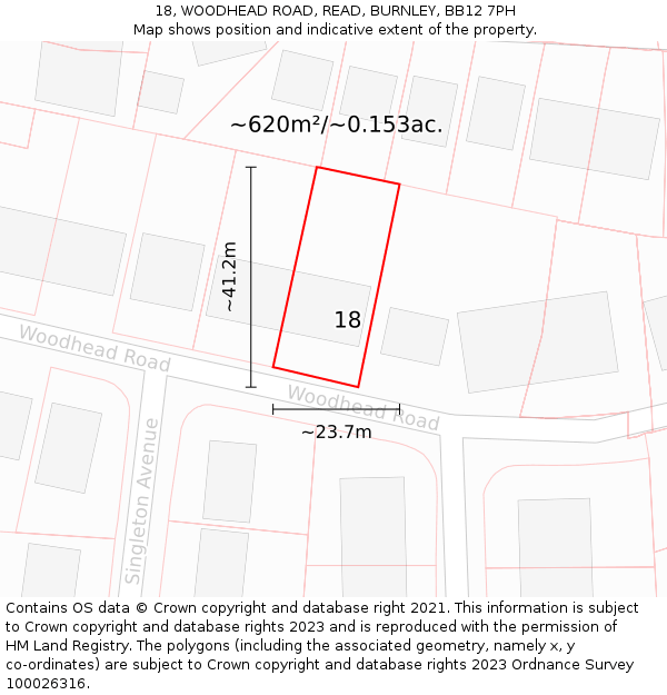 18, WOODHEAD ROAD, READ, BURNLEY, BB12 7PH: Plot and title map
