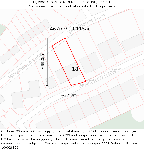 18, WOODHOUSE GARDENS, BRIGHOUSE, HD6 3UH: Plot and title map