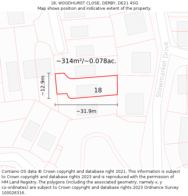 18, WOODHURST CLOSE, DERBY, DE21 4SG: Plot and title map