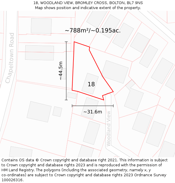 18, WOODLAND VIEW, BROMLEY CROSS, BOLTON, BL7 9NS: Plot and title map