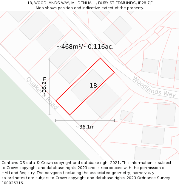 18, WOODLANDS WAY, MILDENHALL, BURY ST EDMUNDS, IP28 7JF: Plot and title map