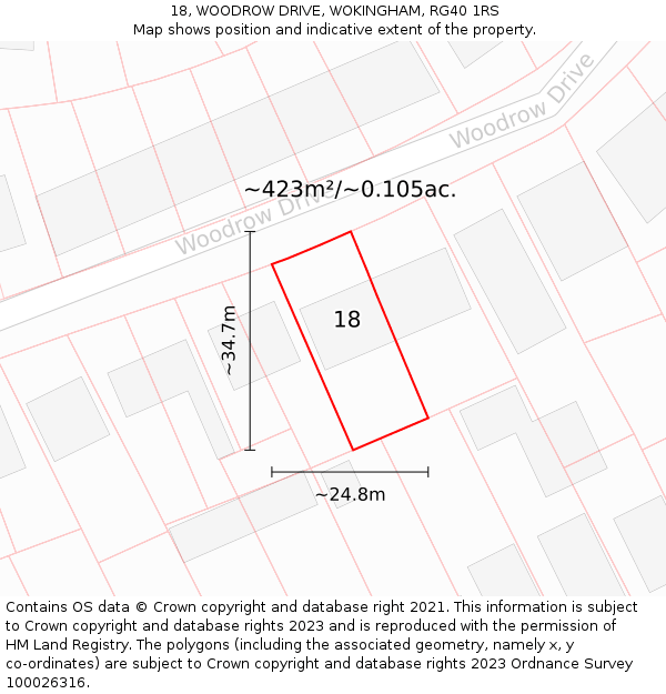 18, WOODROW DRIVE, WOKINGHAM, RG40 1RS: Plot and title map