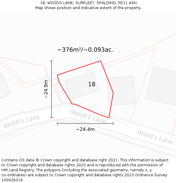 18, WOODS LANE, SURFLEET, SPALDING, PE11 4AN: Plot and title map