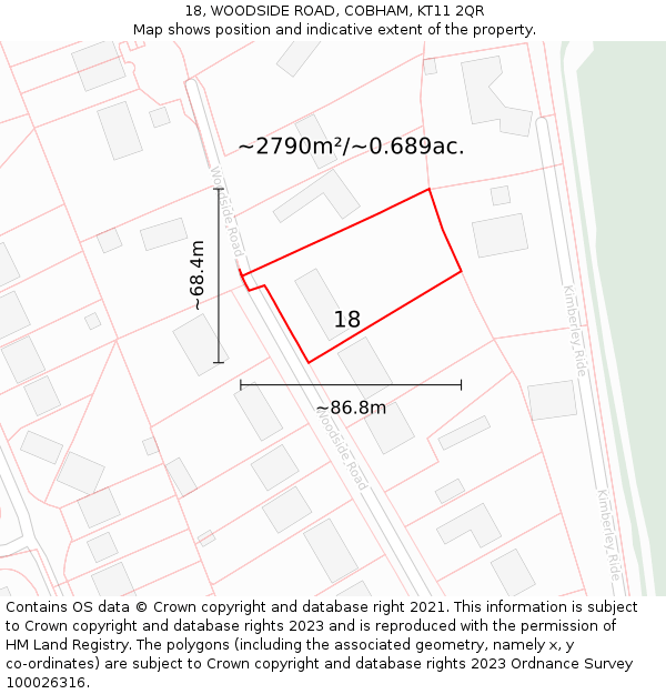 18, WOODSIDE ROAD, COBHAM, KT11 2QR: Plot and title map