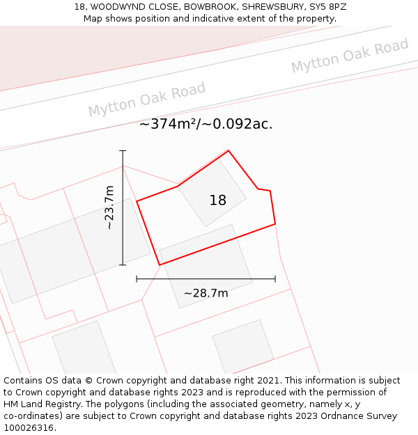 18, WOODWYND CLOSE, BOWBROOK, SHREWSBURY, SY5 8PZ: Plot and title map
