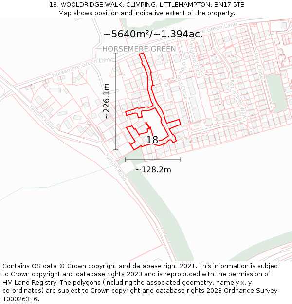 18, WOOLDRIDGE WALK, CLIMPING, LITTLEHAMPTON, BN17 5TB: Plot and title map