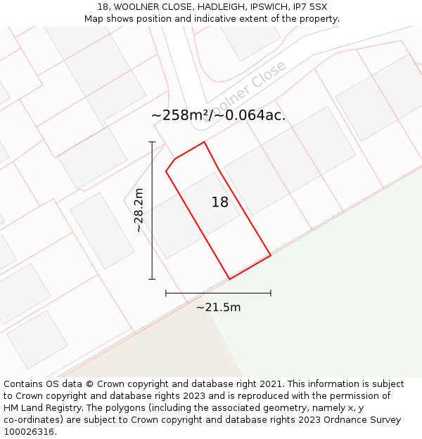 18, WOOLNER CLOSE, HADLEIGH, IPSWICH, IP7 5SX: Plot and title map