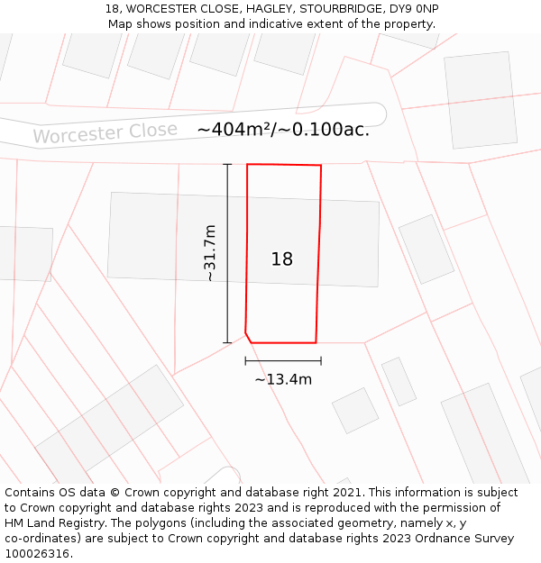 18, WORCESTER CLOSE, HAGLEY, STOURBRIDGE, DY9 0NP: Plot and title map