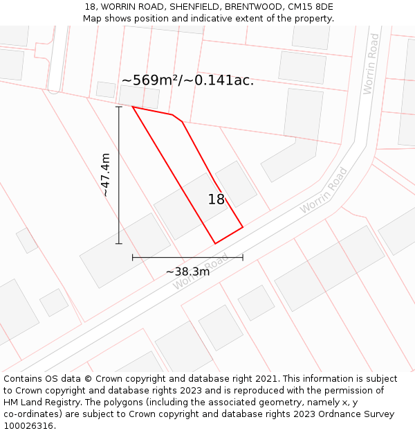 18, WORRIN ROAD, SHENFIELD, BRENTWOOD, CM15 8DE: Plot and title map
