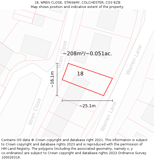 18, WREN CLOSE, STANWAY, COLCHESTER, CO3 8ZB: Plot and title map