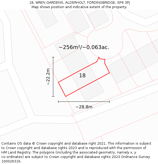 18, WREN GARDENS, ALDERHOLT, FORDINGBRIDGE, SP6 3PJ: Plot and title map