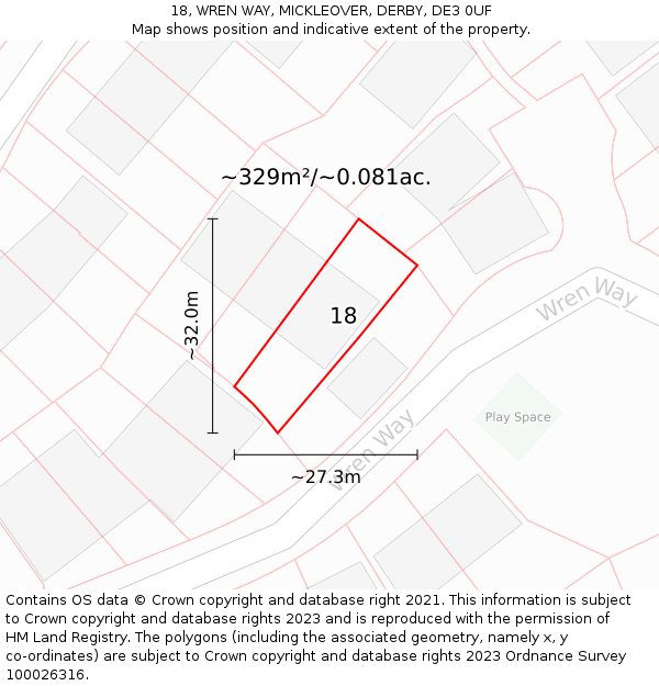 18, WREN WAY, MICKLEOVER, DERBY, DE3 0UF: Plot and title map