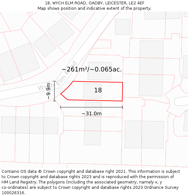 18, WYCH ELM ROAD, OADBY, LEICESTER, LE2 4EF: Plot and title map