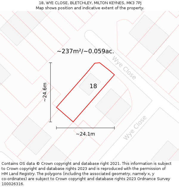 18, WYE CLOSE, BLETCHLEY, MILTON KEYNES, MK3 7PJ: Plot and title map