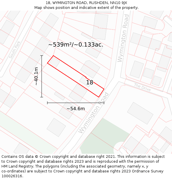 18, WYMINGTON ROAD, RUSHDEN, NN10 9JX: Plot and title map