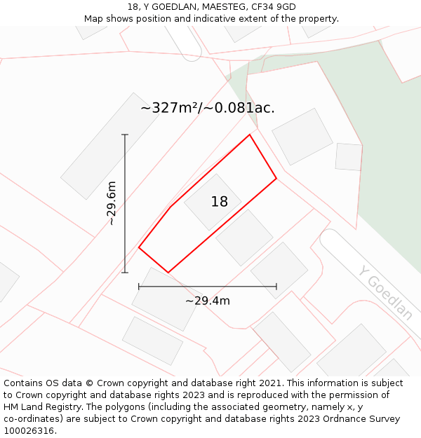 18, Y GOEDLAN, MAESTEG, CF34 9GD: Plot and title map