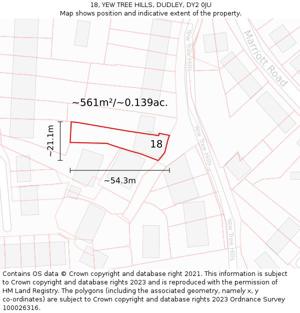 18, YEW TREE HILLS, DUDLEY, DY2 0JU: Plot and title map
